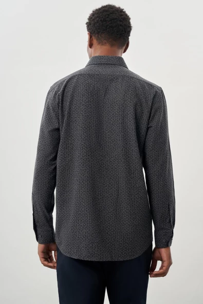 Siyah Uzun Kol Baskılı Bez Ayağı Sert Yaka Cepli Pamuklu Classic Comfort Fit Gömlek 1004245215 - Resim 5