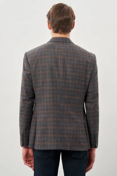 Füme Ekose Desen Bez Ayağı Mono Yaka Tam Astar Esnek 6 Drop Slim Fit Classic Ceket 1002245160 - Resim 5