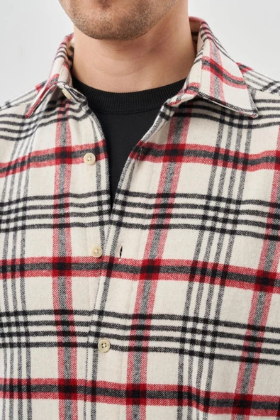 Açık Krem Yünlü Ekose Desen Yumuşak Yaka Cepsiz Uzun Kol Casual Comfort Fit Gömlek 1004245227 - Resim 4