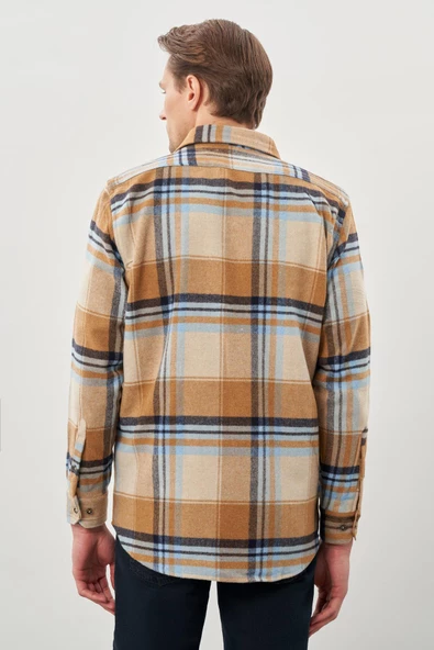 Koyu Bej Yünlü Ekose Desen Yumuşak Yaka Cepsiz Uzun Kol Casual Comfort Fit Gömlek 1004245227 - Resim 5