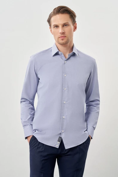 Koyu Lacivert Uzun Kol Armürlü Sert Yaka Cepsiz Pamuklu Classic Slim Fit Gömlek 1004245226 - Resim 3