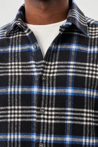 Lacivert Yünlü Ekose Desen Yumuşak Yaka Cepsiz Uzun Kol Casual Comfort Fit Gömlek 1004245227 - Resim 4