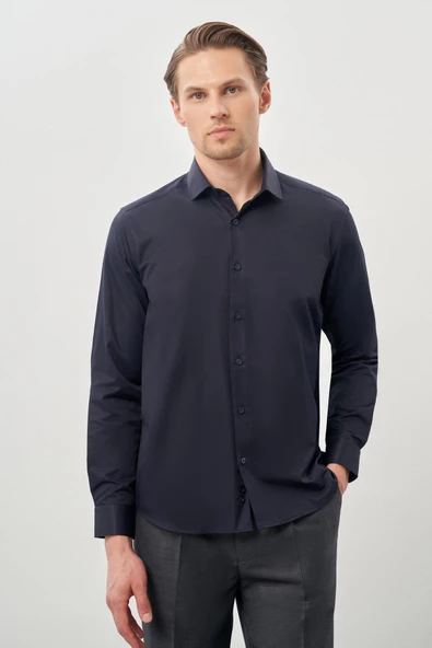 Koyu Lacivert Uzun Kol Düz Yarım İtalyan Yaka Cepsiz Pamuklu Classic Slim Fit Gömlek 1004245268