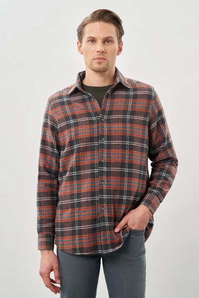 Bordo Yünlü Ekose Desen Yumuşak Yaka Cepsiz Uzun Kol Casual Comfort Fit Gömlek 1004245227