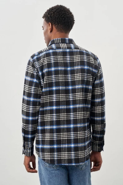 Lacivert Yünlü Ekose Desen Yumuşak Yaka Cepsiz Uzun Kol Casual Comfort Fit Gömlek 1004245227 - Resim 5