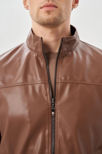 Koyu Kahverengi Suni Deri Hakim Yaka Düz Yırtmaçsız Tam Astar Slim Fit Casual Deri Mont 1038245151 - 4