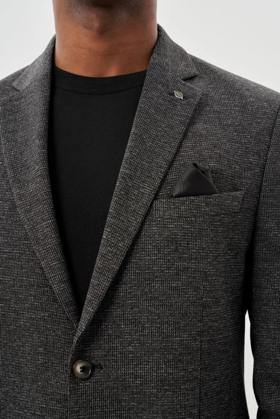 Siyah Desenli Örme Mono Yaka Astarsız Esnek 6 Drop Slim Fit Casual Ceket 1002245161 - Resim 4