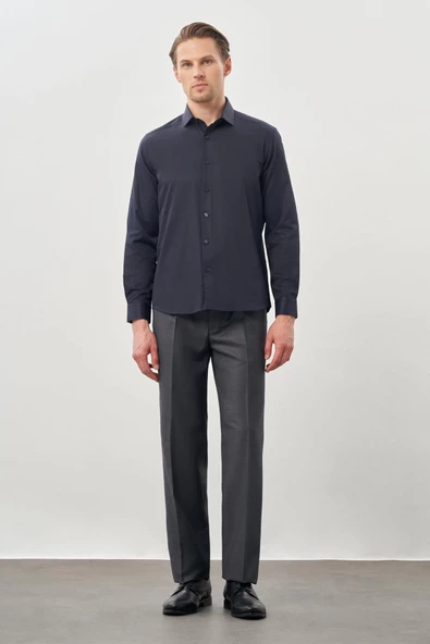 Koyu Lacivert Uzun Kol Düz Yarım İtalyan Yaka Cepsiz Pamuklu Classic Slim Fit Gömlek 1004245268 - Resim 3