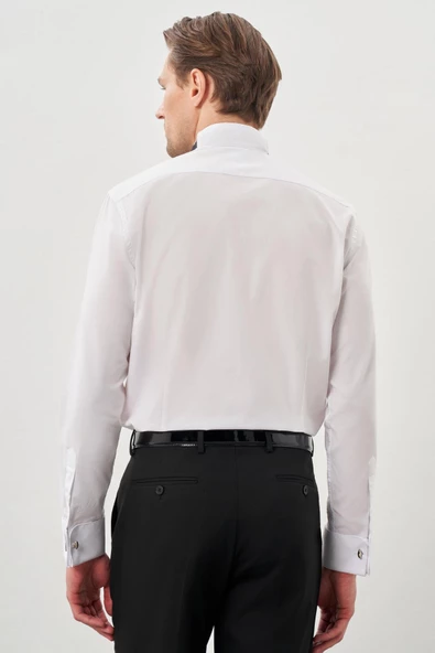 Beyaz Uzun Kol Düz Bez Ayağı Ata Yaka Cepsiz Pamuklu Basic Slim Fit Gömlek 1004245060 - Resim 5
