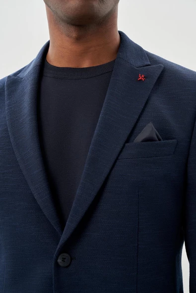 Koyu Lacivert Örme Kılıç Yaka 6 Drop Slim Fit Ceket 1002245155 - Resim 4