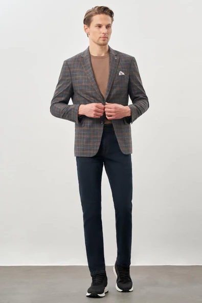 Füme Ekose Desen Bez Ayağı Mono Yaka Tam Astar Esnek 6 Drop Slim Fit Classic Ceket 1002245160 - Resim 2