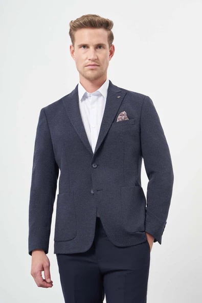 Lacivert Örme Kılıç Yaka 6 Drop Slim Fit Ceket 1002245156