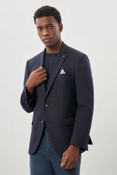 Koyu Lacivert Düz Gabardin Mono Yaka 2 Düğme Esnek 6 Drop Comfort Fit Casual Ceket 1002245165_200 - Resim 3
