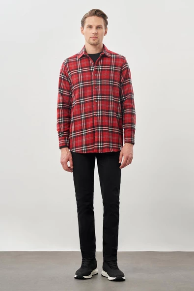 Bordo Yünlü Ekose Desen Yumuşak Yaka Cepsiz Uzun Kol Casual Comfort Fit Gömlek 1004245227 - Resim 2