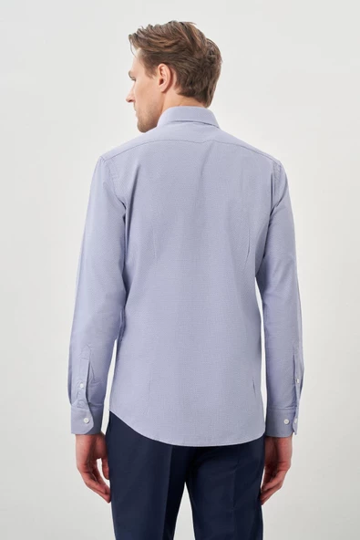 Koyu Lacivert Uzun Kol Armürlü Sert Yaka Cepsiz Pamuklu Classic Slim Fit Gömlek 1004245226 - Resim 5