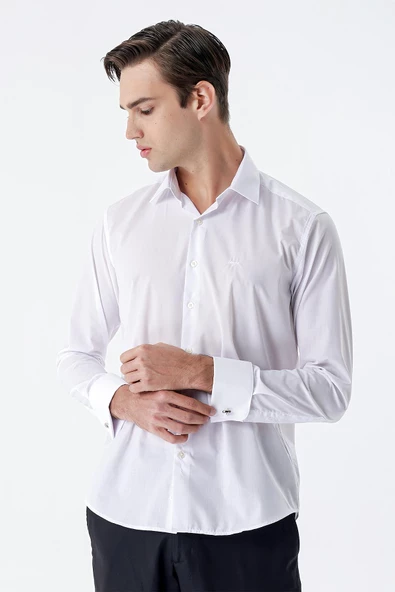 Beyaz Uzun Kol Düz Bez Ayağı Sert Yaka Cepsiz Pamuklu Basic Slim Fit Gömlek 1004245059