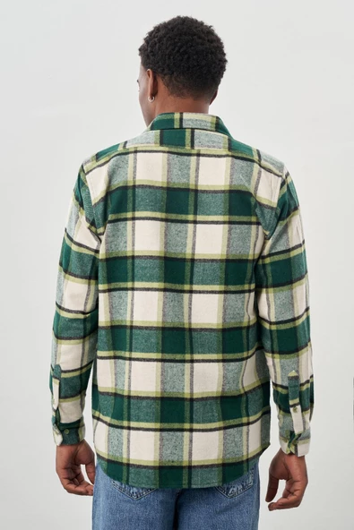 Koyu Lacivert Yünlü Ekose Desen Yumuşak Yaka Cepsiz Uzun Kol Casual Comfort Fit Gömlek 1004245227 - Resim 5