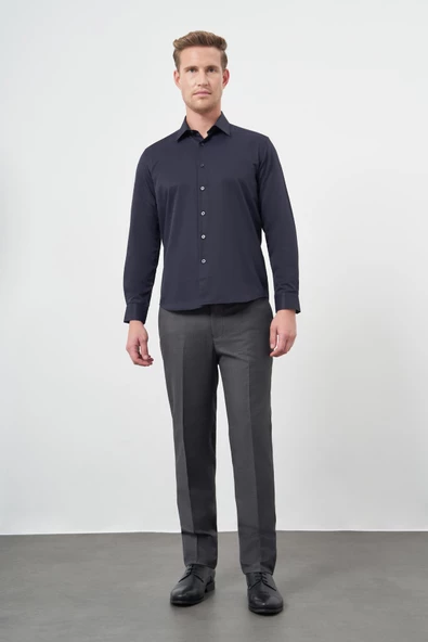 Koyu Lacivert Uzun Kol Düz Bez Ayağı Sert Yaka Cepsiz Pamuklu Classic Slim Fit Gömlek 1004245267 - Resim 2