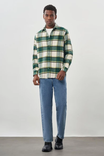 Koyu Lacivert Yünlü Ekose Desen Yumuşak Yaka Cepsiz Uzun Kol Casual Comfort Fit Gömlek 1004245227 - Resim 2