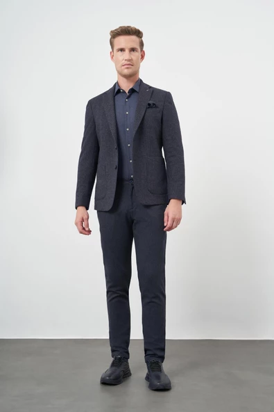 Koyu Lacivert Örme Mono Yaka 6 Drop Slim Fit Ceket 1002245151 - Resim 2