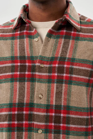 Mürdüm Yünlü Ekose Desen Yumuşak Yaka Cepsiz Uzun Kol Casual Comfort Fit Gömlek 1004245227 - Resim 4