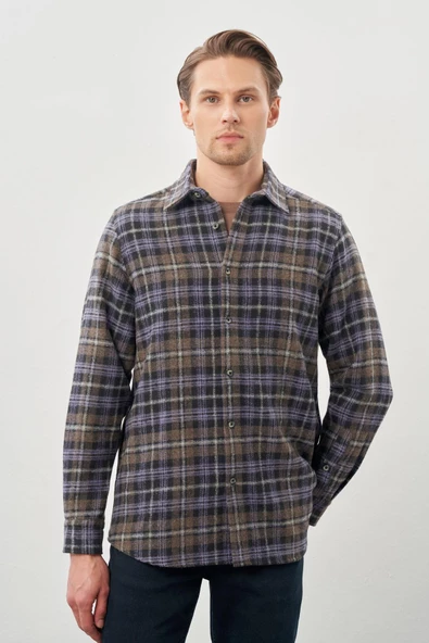 Koyu Antrasit Yünlü Ekose Desen Yumuşak Yaka Cepsiz Uzun Kol Casual Comfort Fit Gömlek 1004245227