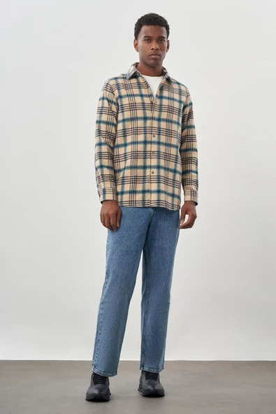 Koyu Bej Yünlü Ekose Desen Yumuşak Yaka Cepsiz Uzun Kol Casual Comfort Fit Gömlek 1004245227 - Resim 2