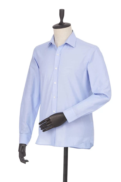 Mavi Uzun Kol Filafil Desen Filafil Sert Yaka Cepsiz Pamuklu Basic Slim Fit Gömlek 1004245008 - 2