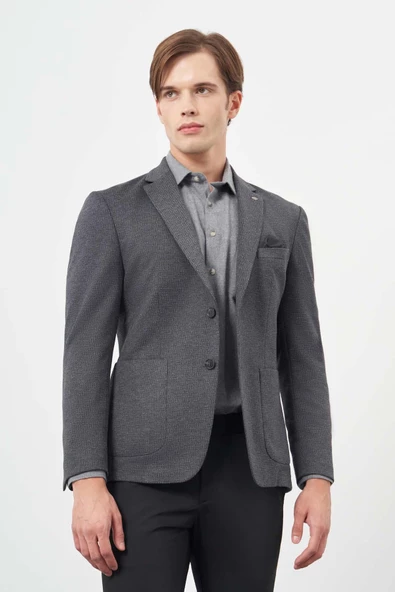 Koyu Lacivert Örme Mono Yaka 6 Drop Slim Fit Ceket 1002245153 - Resim 3