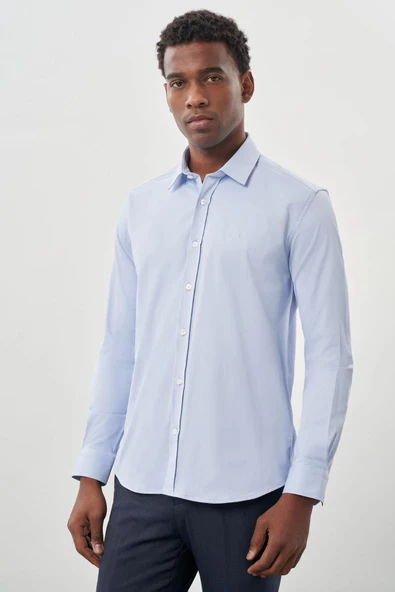 Mavi Uzun Kollu Sert Yaka Cepsiz Pamuklu Likralı Klasik Slim Fit Dar Kesim Gömlek 1004245234