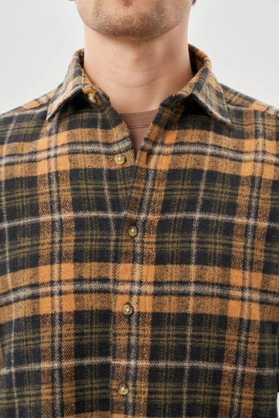 Hardal Yünlü Ekose Desen Yumuşak Yaka Cepsiz Uzun Kol Casual Comfort Fit Gömlek 1004245227 - Resim 4