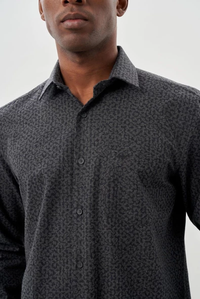 Siyah Uzun Kol Baskılı Bez Ayağı Sert Yaka Cepli Pamuklu Classic Comfort Fit Gömlek 1004245215 - Resim 4