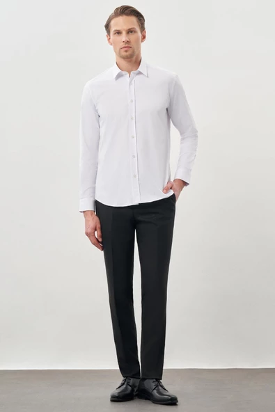 Beyaz Uzun Kollu Sert Yaka Cepsiz Pamuklu Likralı Klasik Slim Fit Dar Kesim Gömlek 1004245234 - Resim 2