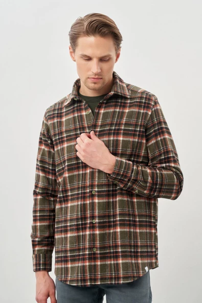 Haki Yünlü Ekose Desen Yumuşak Yaka Cepsiz Uzun Kol Casual Comfort Fit Gömlek 1004245227 - Resim 3