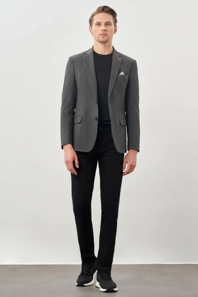 Koyu Antrasit Gabardin Mono Yaka Tam Astar Esnek 6 Drop Slim Fit Casual Ceket 1002245162 - Resim 2
