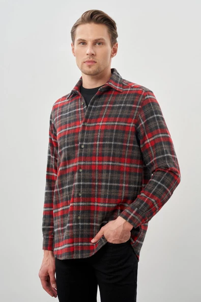 Bordo Yünlü Ekose Desen Yumuşak Yaka Cepsiz Uzun Kol Casual Comfort Fit Gömlek 1004245227 - Resim 3