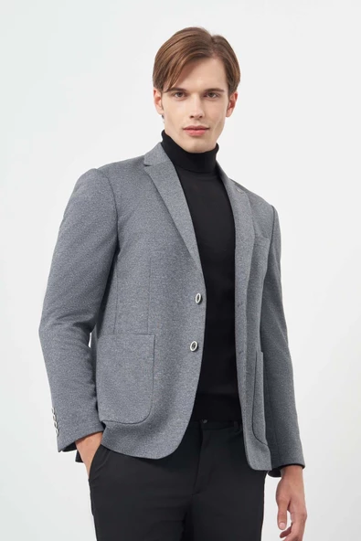 Koyu Antrasit Örme Mono Yaka 6 Drop Slim Fit Ceket 1002245154 - Resim 3