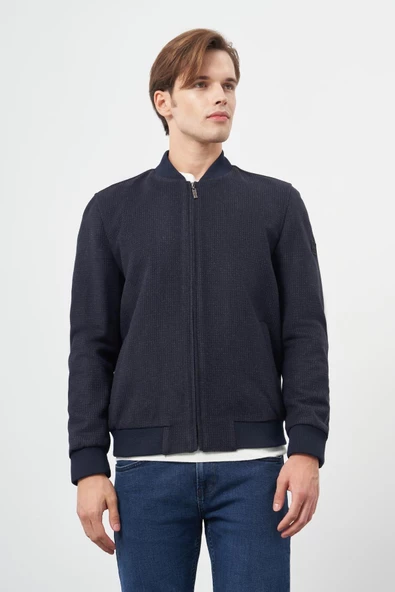 Koyu Lacivert Kaşe Kolej Yaka Kendinden Desenli Comfort Fit Classic Mont 1007245162 - 3