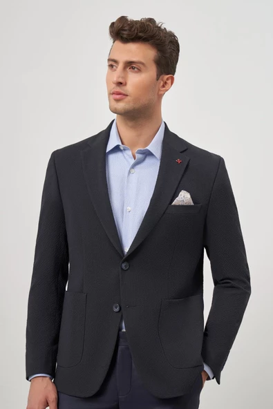 Koyu Lacivert Gofreli Mono Yaka 6 Drop Slim Fit Classic Ceket 1002245158 - Resim 6