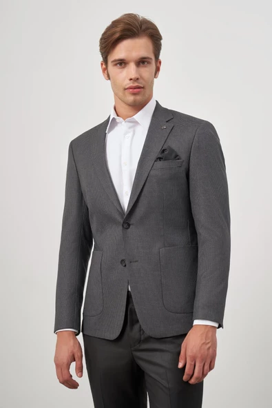Koyu Antrasit Kazayağı Desen Mono Yaka 6 Drop Slim Fit Classic Ceket 1002245106 - Resim 5