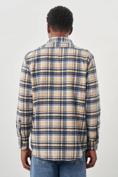 Bej Yünlü Ekose Desen Yumuşak Yaka Cepsiz Uzun Kol Casual Comfort Fit Gömlek 1004245227 - Resim 5