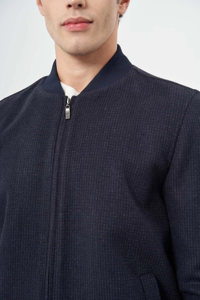 Koyu Lacivert Kaşe Kolej Yaka Kendinden Desenli Comfort Fit Classic Mont 1007245162 - 4