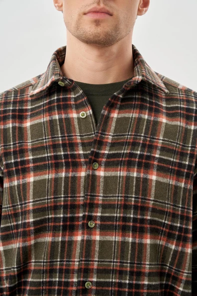 Haki Yünlü Ekose Desen Yumuşak Yaka Cepsiz Uzun Kol Casual Comfort Fit Gömlek 1004245227 - Resim 4