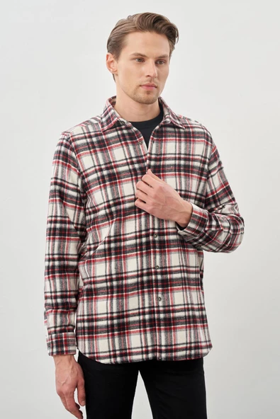 Siyah Yünlü Ekose Desen Yumuşak Yaka Cepsiz Uzun Kol Casual Comfort Fit Gömlek 1004245227 - Resim 3