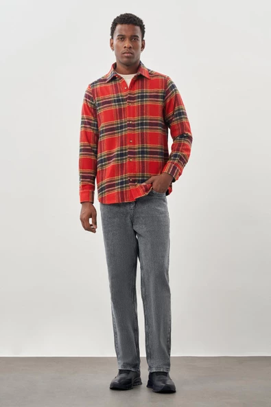 Bordo Yünlü Ekose Desen Yumuşak Yaka Cepsiz Uzun Kol Casual Comfort Fit Gömlek 1004245227 - Resim 2