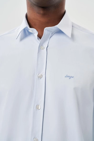 Koyu Mavi Uzun Kollu Sert Yaka Cepsiz Pamuklu Likralı Klasik Slim Fit Dar Kesim Gömlek 1004245234 - Resim 4