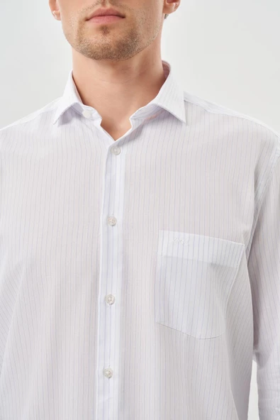 Beyaz Uzun Kol Desen İtalyan Yaka Cepli Pamuklu Classic Comfort Fit Gömlek 1004245185 - Resim 4