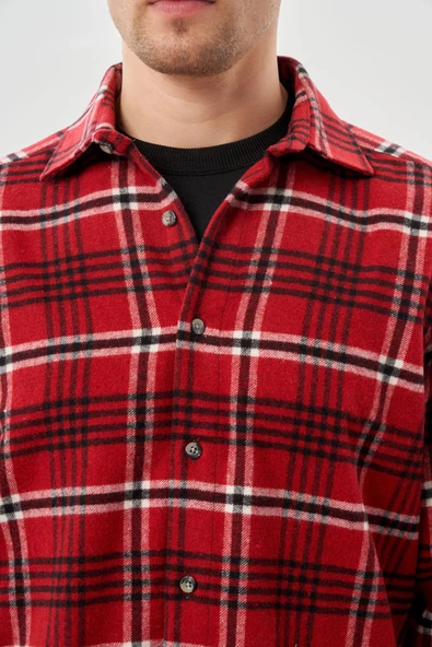 Açık Kırmızı Yünlü Ekose Desen Yumuşak Yaka Cepsiz Uzun Kol Casual Comfort Fit Gömlek 1004245227 - 4