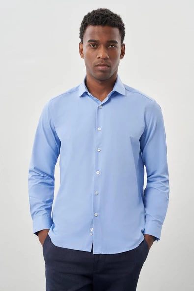 Mavi Uzun Kol Düz Bez Ayağı Yarım İtalyan Yaka Cepsiz Pamuklu Classic Slim Fit Gömlek 1004245268 - Resim 3