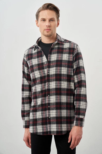 Siyah Yünlü Ekose Desen Yumuşak Yaka Cepsiz Uzun Kol Casual Comfort Fit Gömlek 1004245227